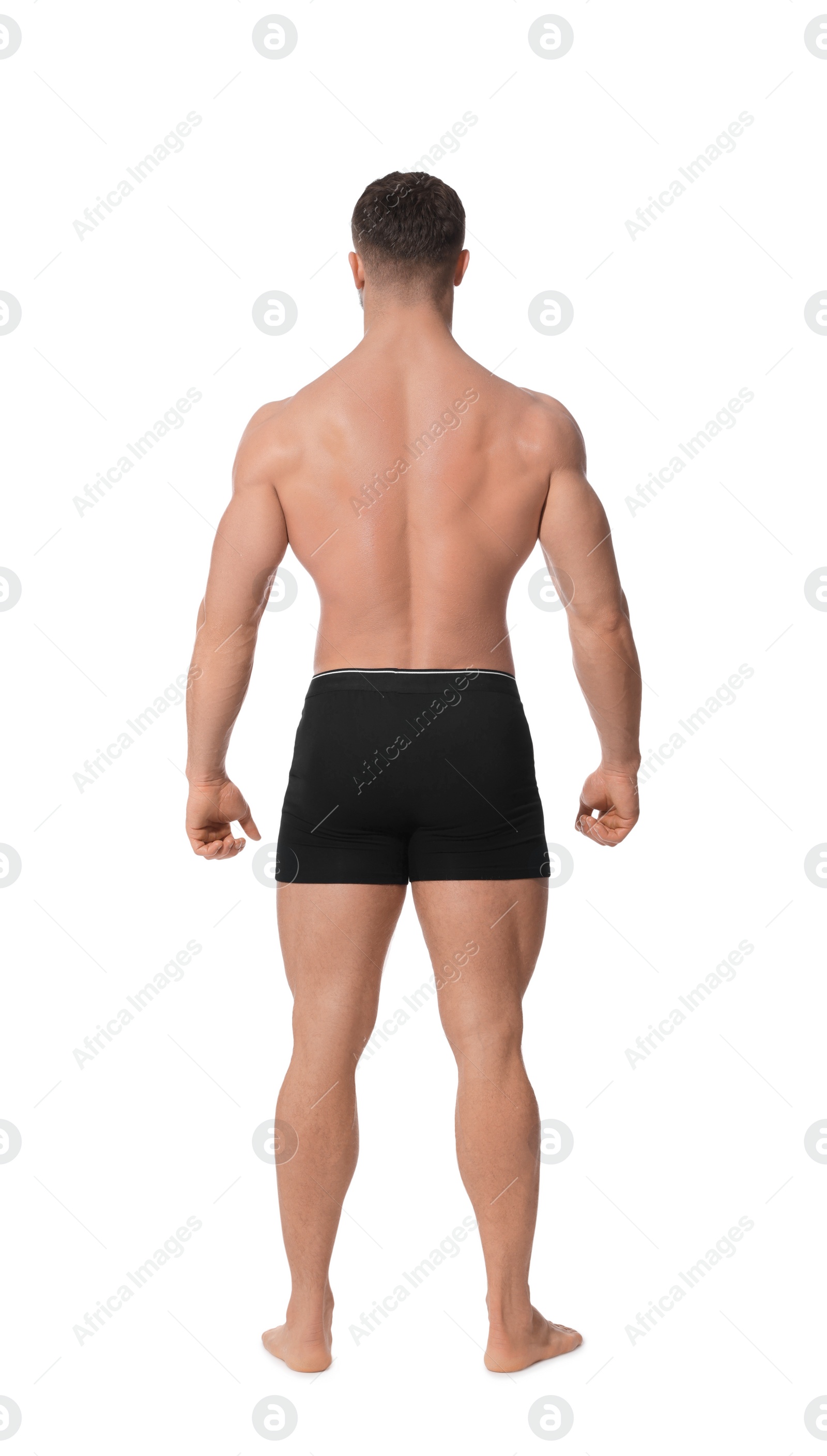 Photo of Young man is stylish black underwear on white background, back view