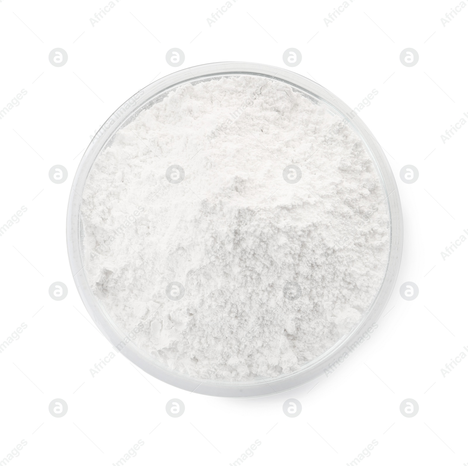 Photo of Bowl of tooth powder on white background, top view