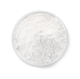 Photo of Bowl of tooth powder on white background, top view