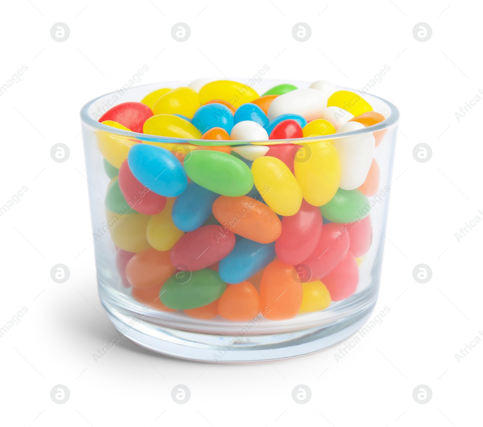 Photo of Glass of delicious color jelly beans isolated on white