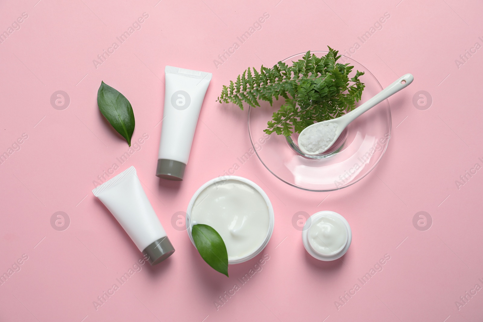 Photo of Different skin care cosmetic products with green leaves on color background, top view