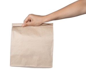 Photo of Woman holding paper bag on white background, closeup