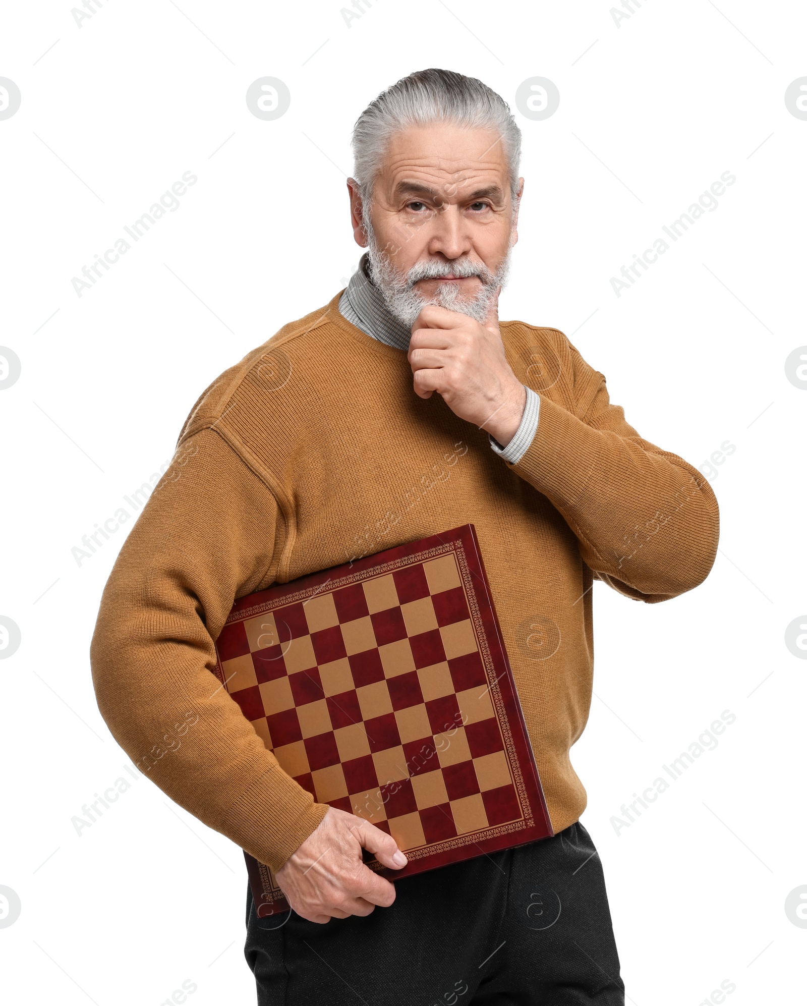 Photo of Man with chessboard on white background. Intellectual game