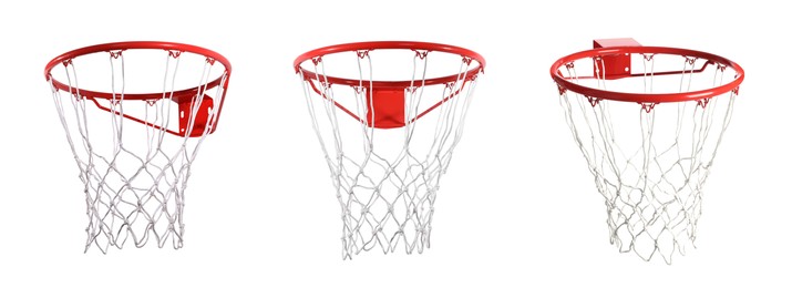 Image of Collage of basketball hoop isolated on white, different sides