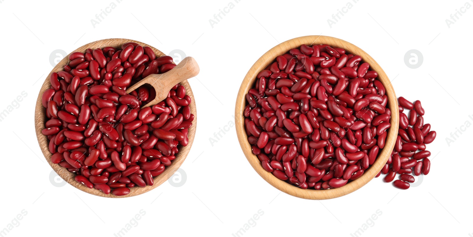 Image of Top view of raw red kidney beans in bowls on white background, collage. Banner design