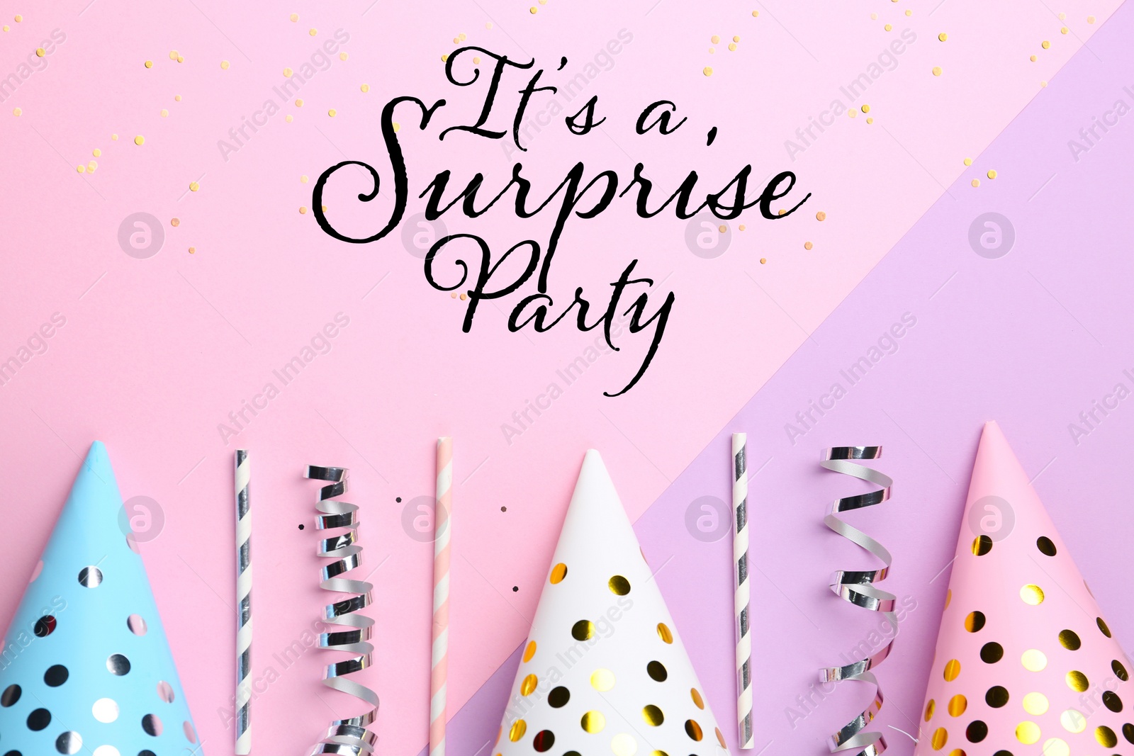 Image of It's a surprise party. Flat lay composition with paper hats on color background