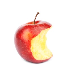 Photo of Ripe juicy red apple with bite mark on white background