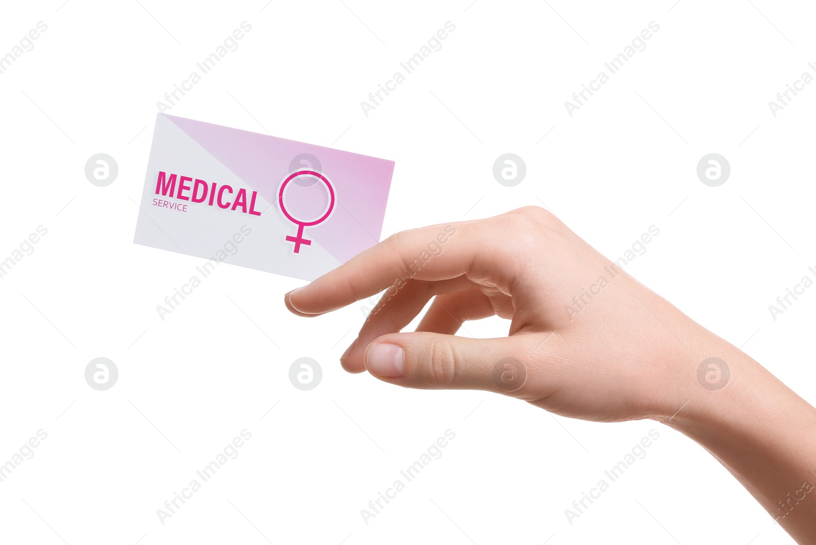 Photo of Girl holding medical business card isolated on white, closeup. Women's health service