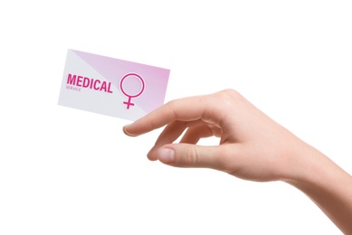 Photo of Girl holding medical business card isolated on white, closeup. Women's health service