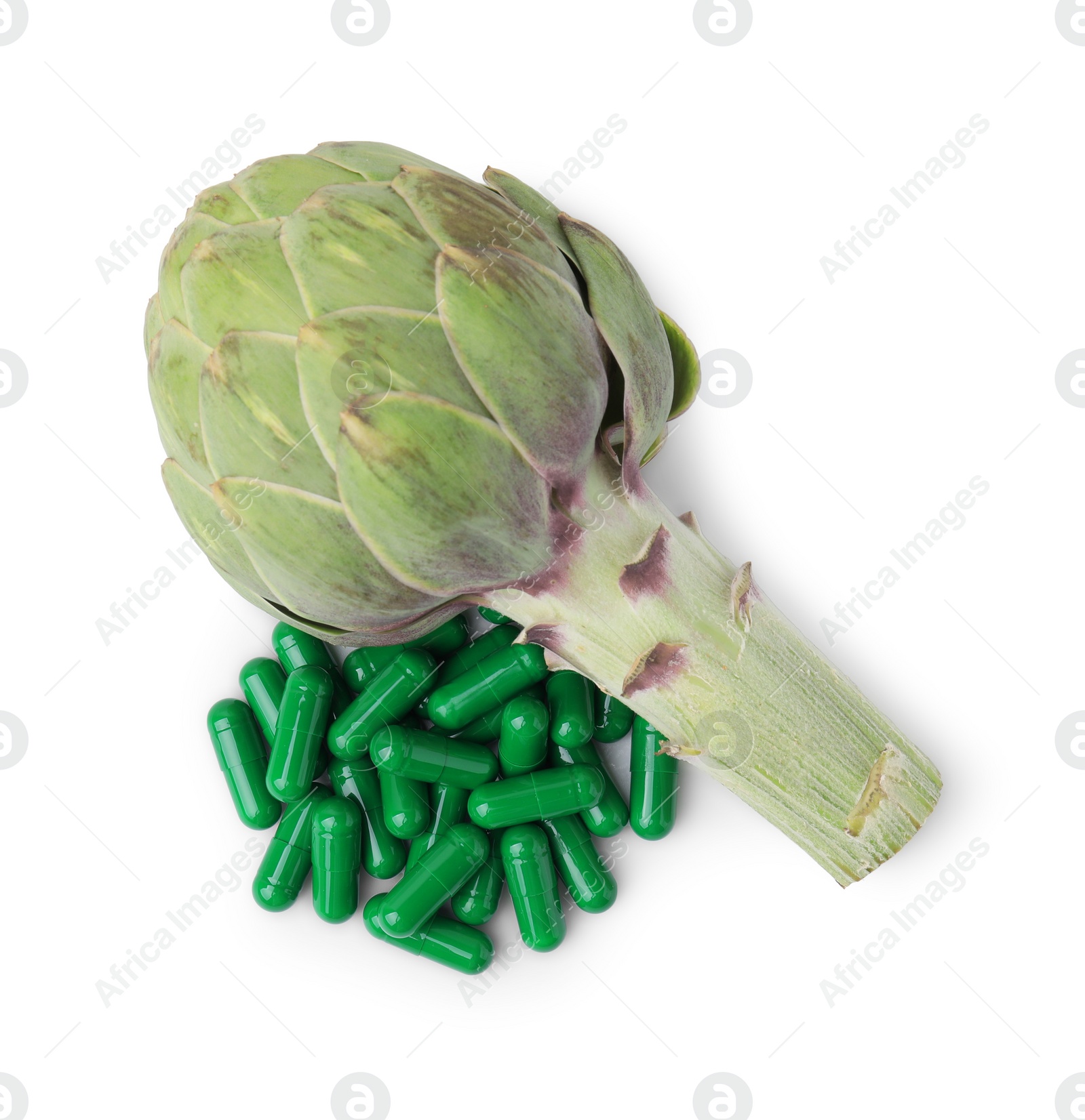 Photo of Fresh artichoke and pills isolated on white, top view