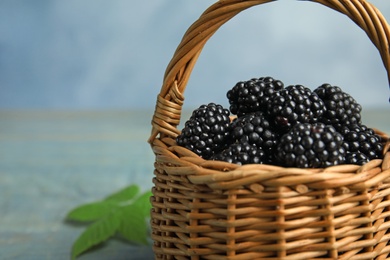 Wicker basket of tasty blackberries on blue background, closeup