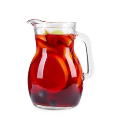 Photo of Glass jug of delicious sangria isolated on white