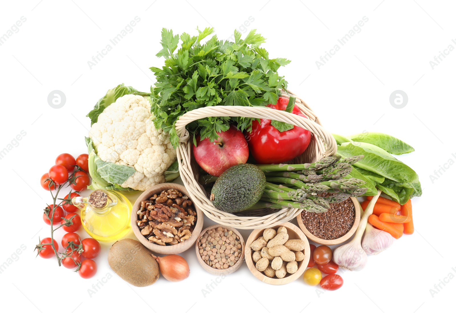 Photo of Healthy food. Basket with different fresh products isolated on white, top view