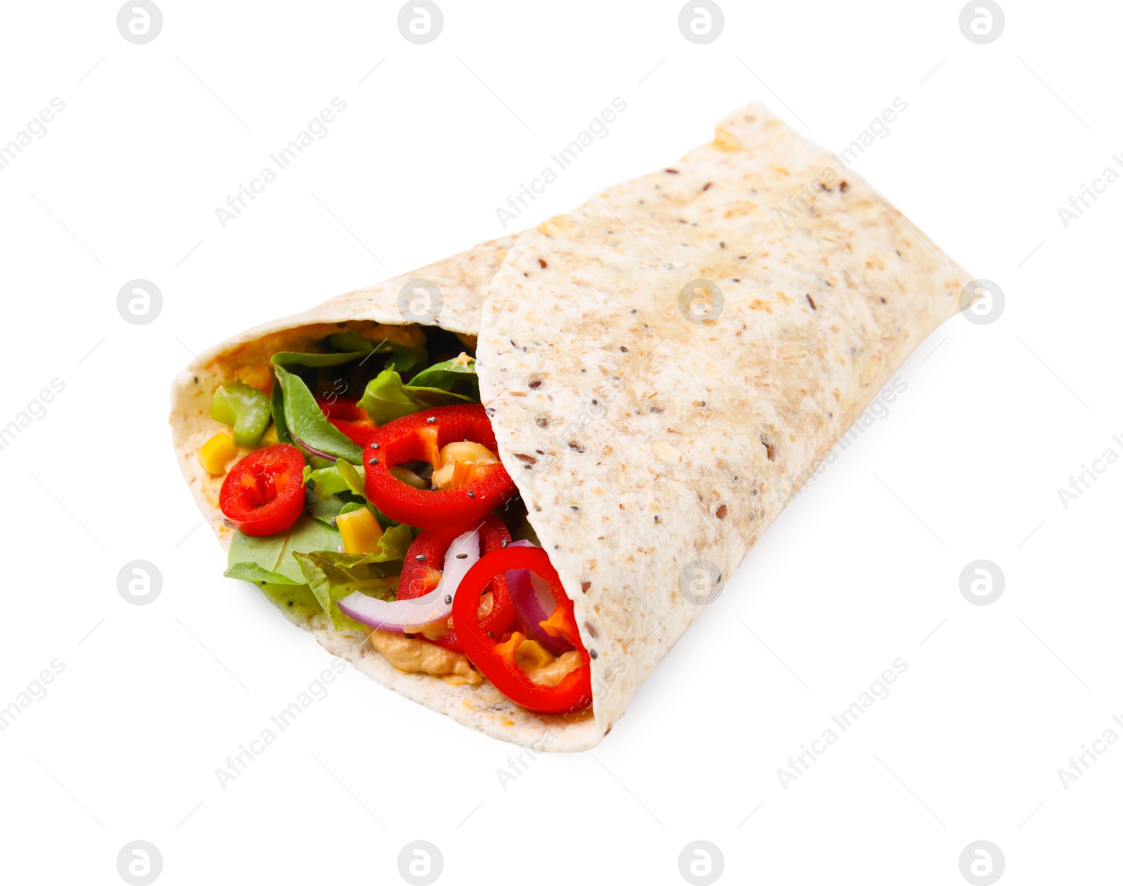 Photo of Delicious hummus wrap with vegetables isolated on white