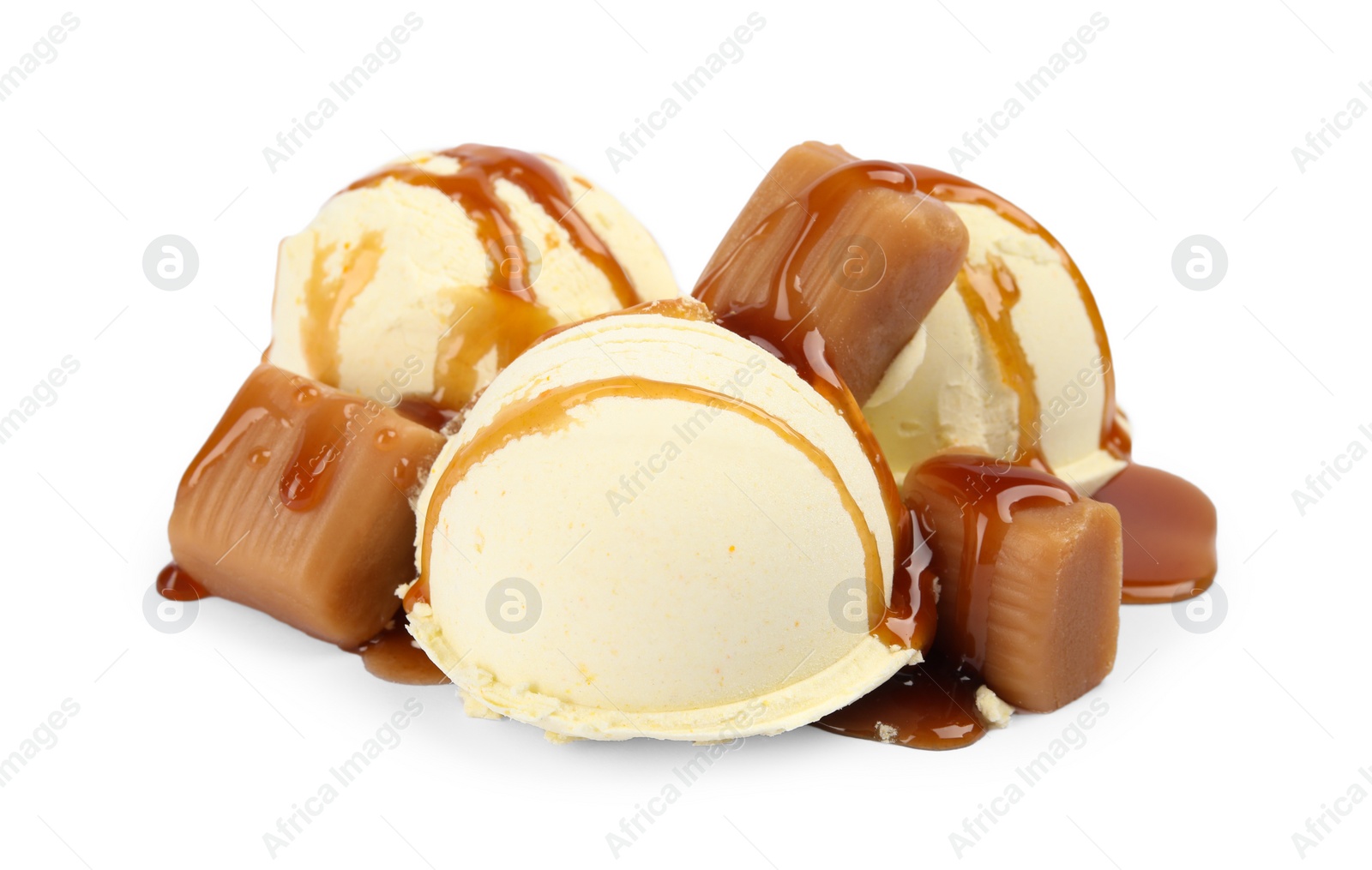 Photo of Delicious ice cream with caramel and sauce on white background