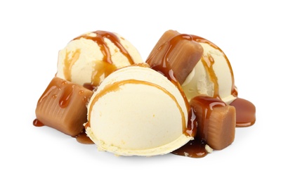 Photo of Delicious ice cream with caramel and sauce on white background