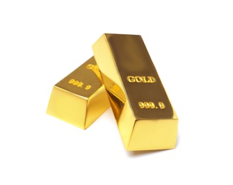 Photo of Precious shiny gold bars on white background