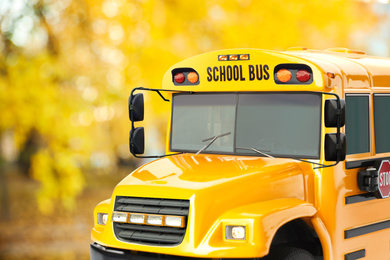 Yellow school bus outdoors. Transport for students