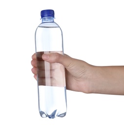 Photo of Woman holding plastic bottle with water on white background, closeup