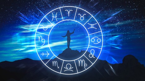 Image of Zodiac wheel and photo of woman in mountains under starry sky at night. Banner design