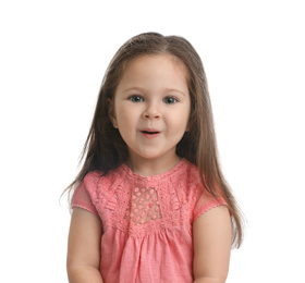 Portrait of cute little girl on white background