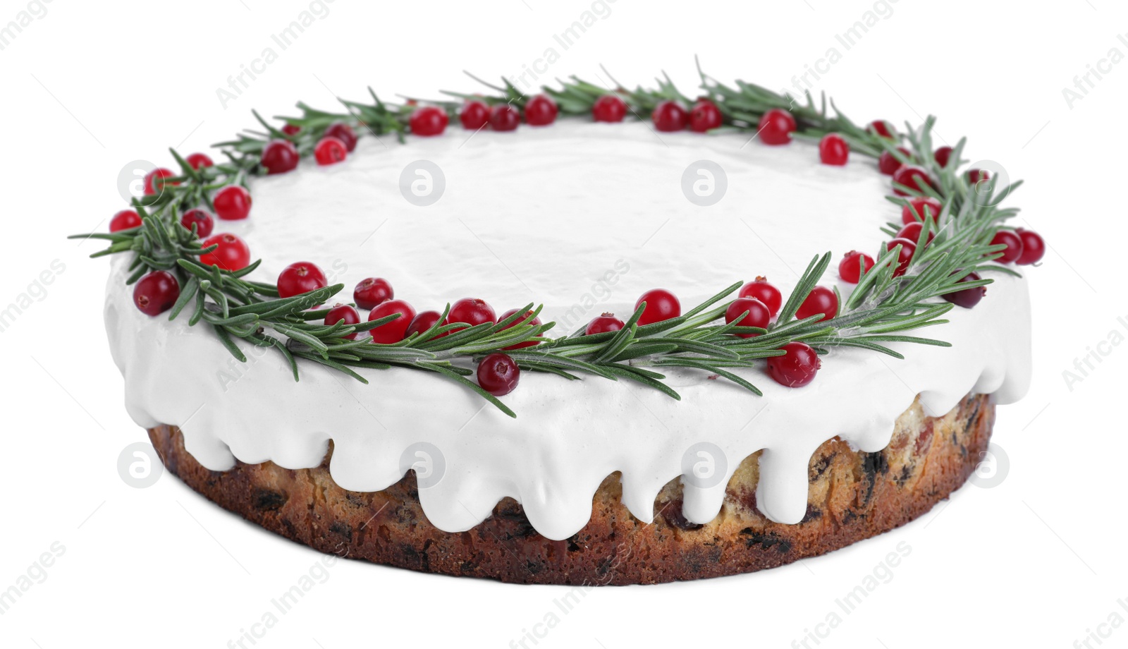 Photo of Traditional Christmas cake decorated with rosemary and cranberries isolated on white