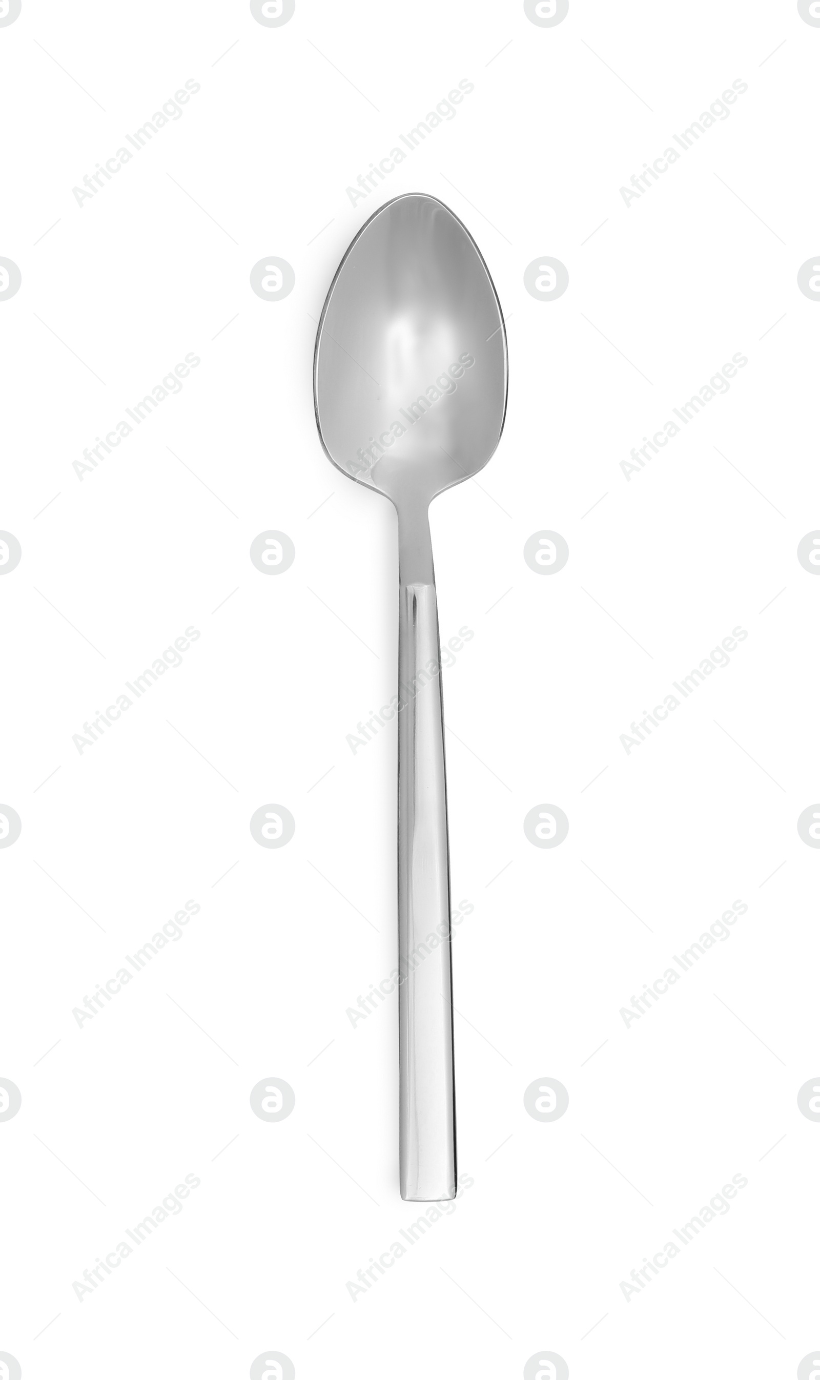 Photo of One new shiny tea spoon isolated on white, top view