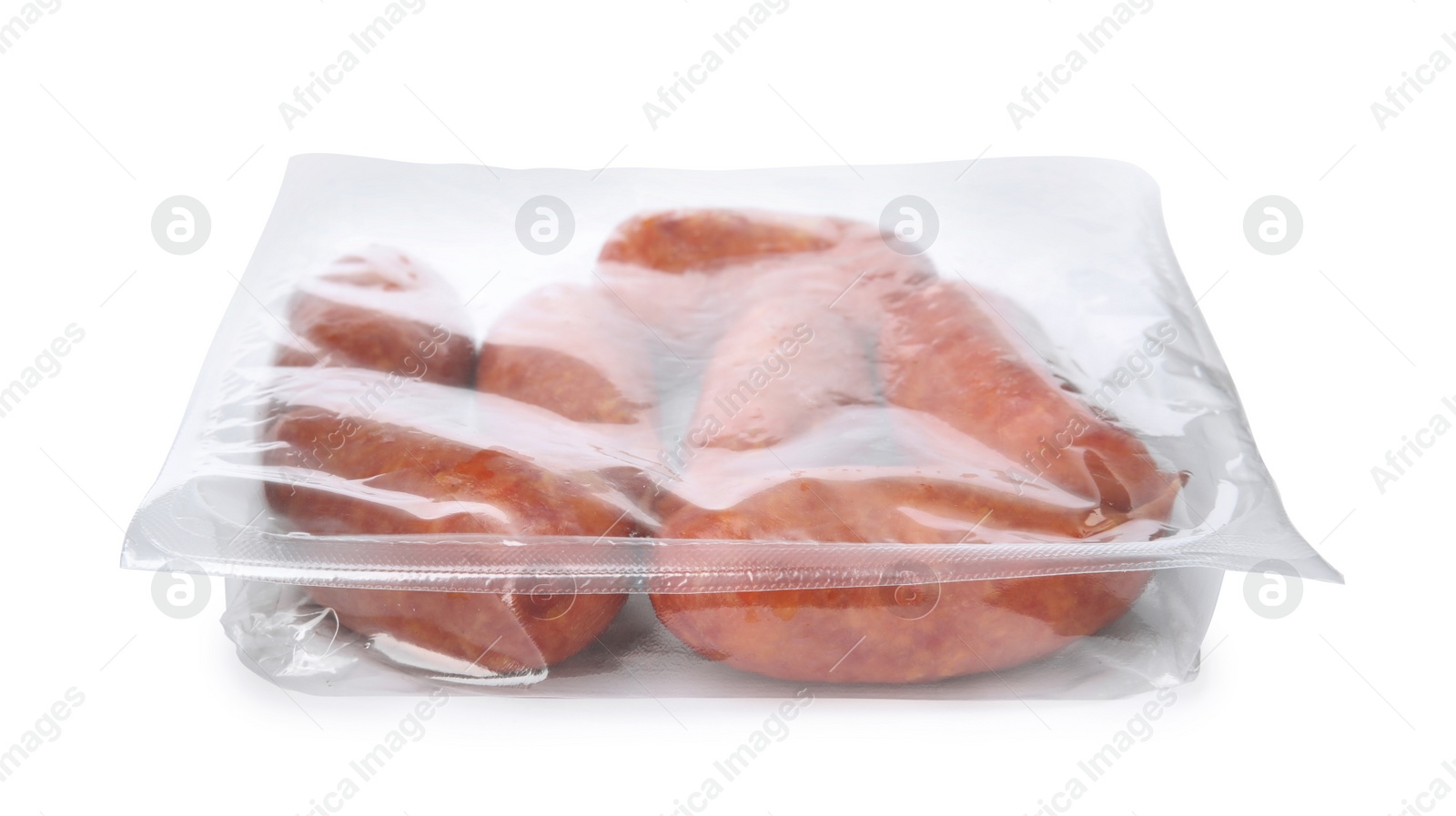 Photo of Tasty sausages on white background. Meat product