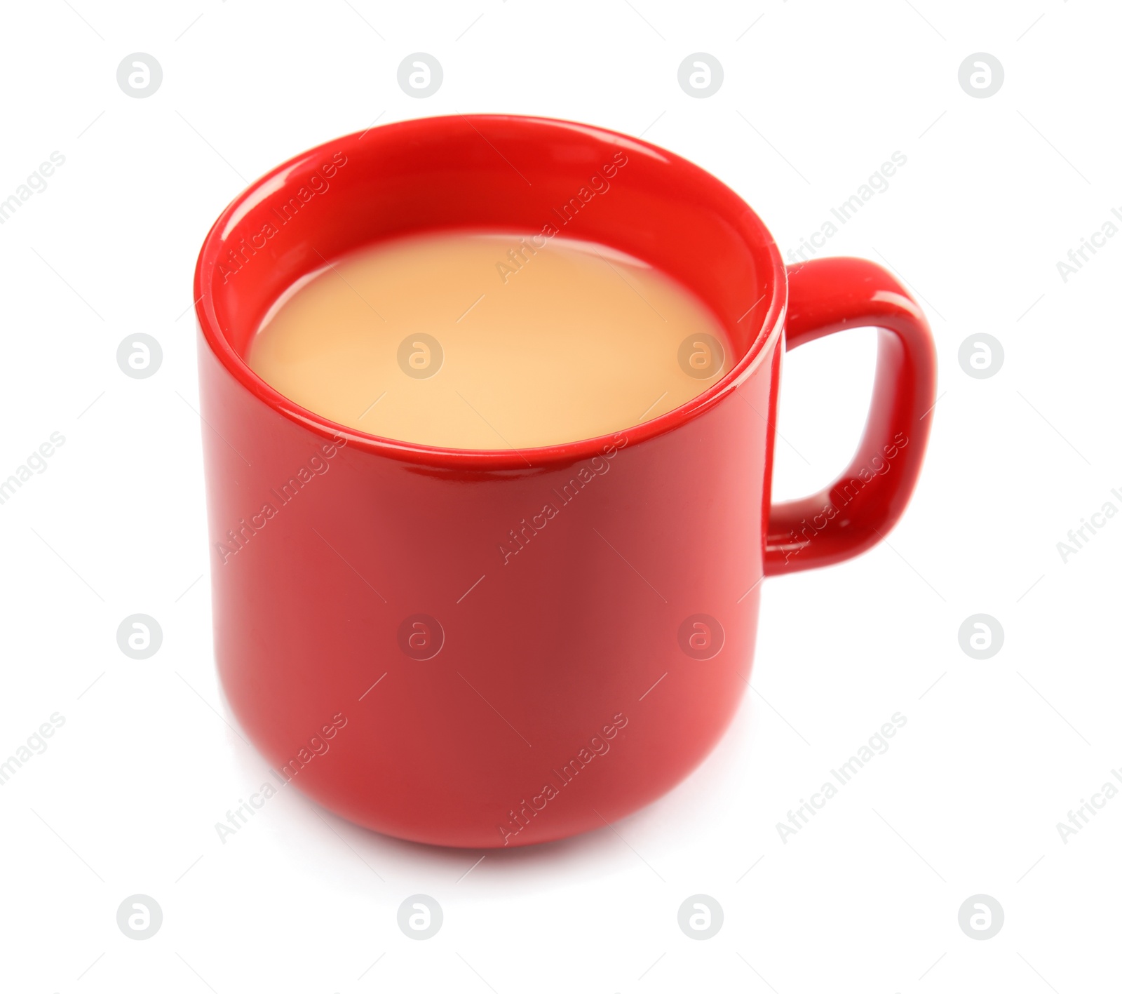 Photo of Cup with black tea and milk on white background