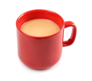 Cup with black tea and milk on white background