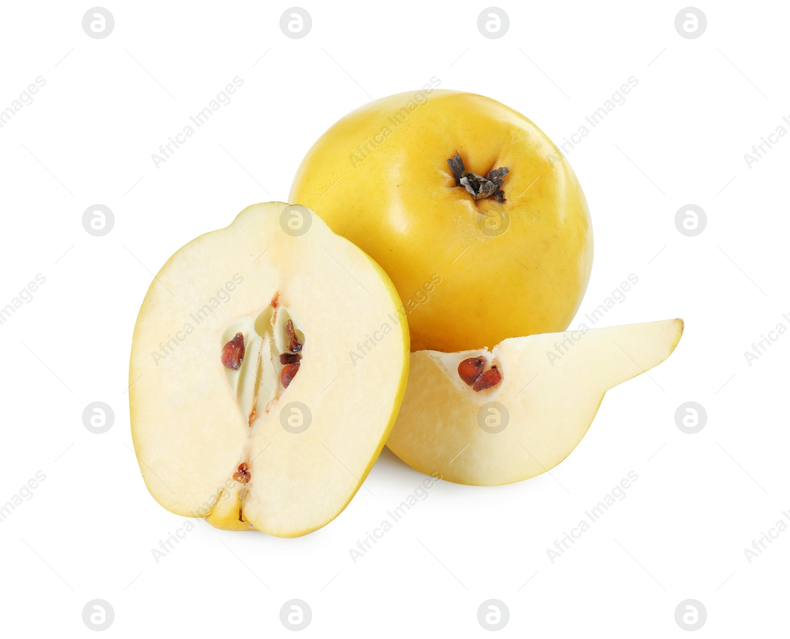 Photo of Ripe whole and cut quinces isolated on white