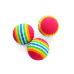 Photo of Colorful balls for cat on white background, top view. Pet toys