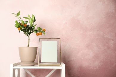 Photo of Potted citrus tree and empty frame on table against color background. Space for text