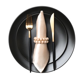 Photo of Plates with cutlery and napkin on white background, top view. Table setting