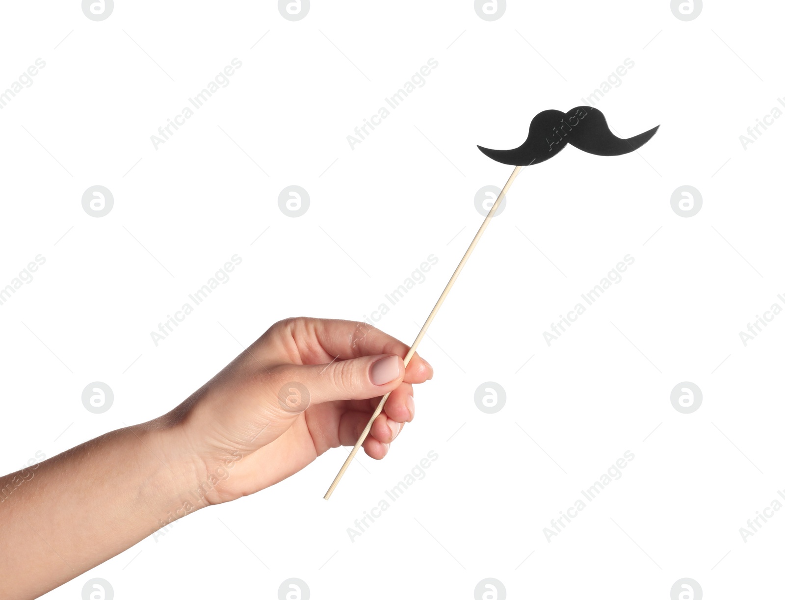 Photo of Woman with fake paper mustache on white background, closeup