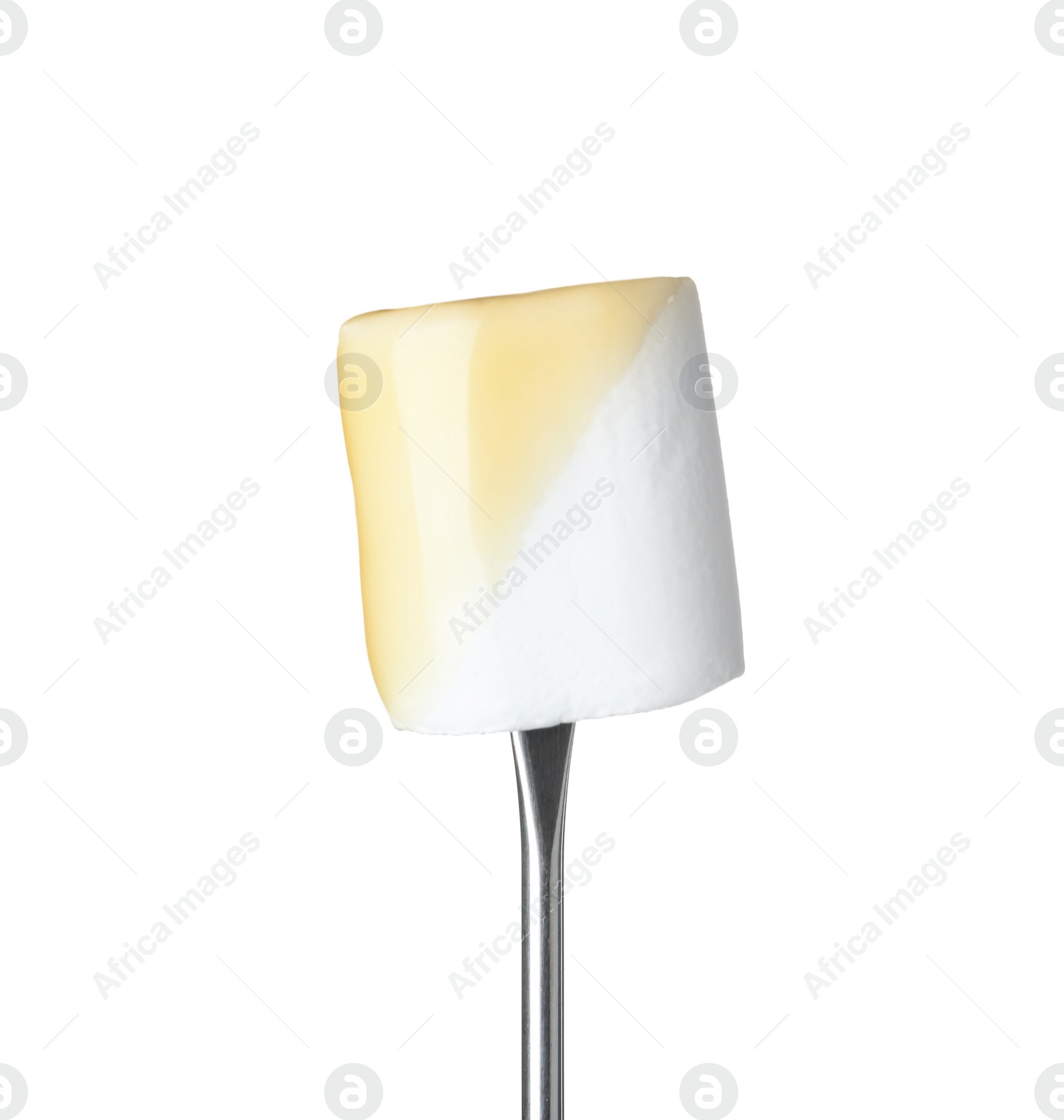 Photo of Marshmallow with chocolate on fondue fork against white background