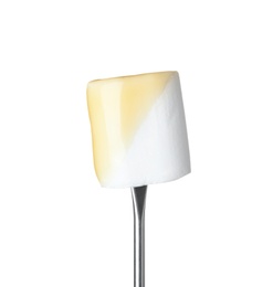 Photo of Marshmallow with chocolate on fondue fork against white background