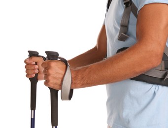 Male hiker with trekking poles on white background, closeup