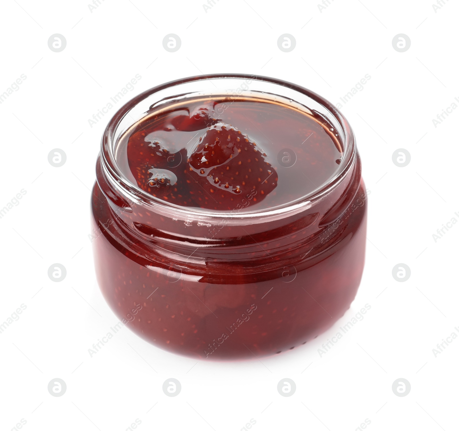 Photo of Delicious pickled strawberry jam in glass jar isolated on white