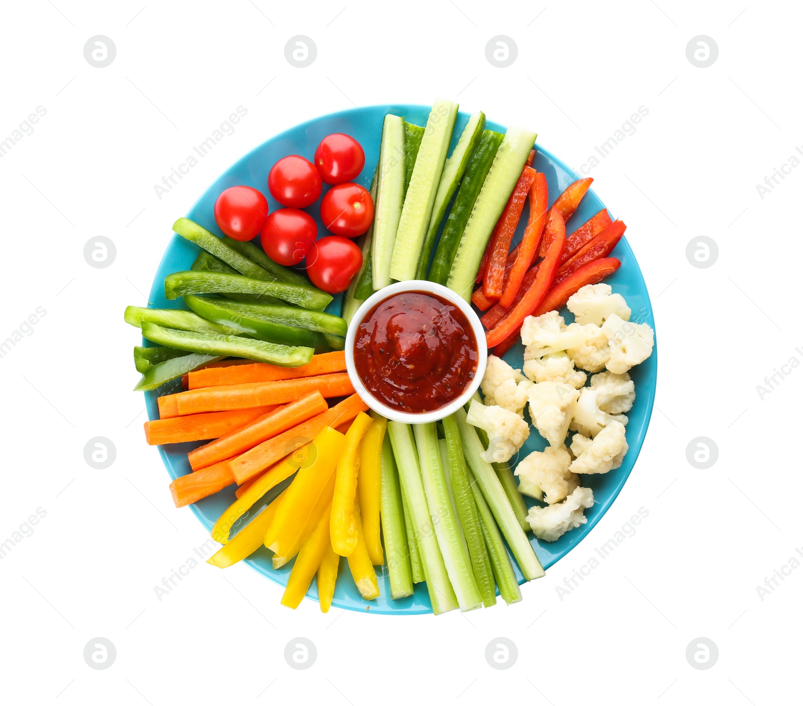 Photo of Plate with celery sticks, other vegetables and dip sauce isolated on white, top view
