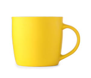Photo of Beautiful yellow ceramic cup isolated on white
