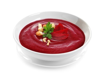 Photo of Dish with beet cream soup on white background. Healthy food