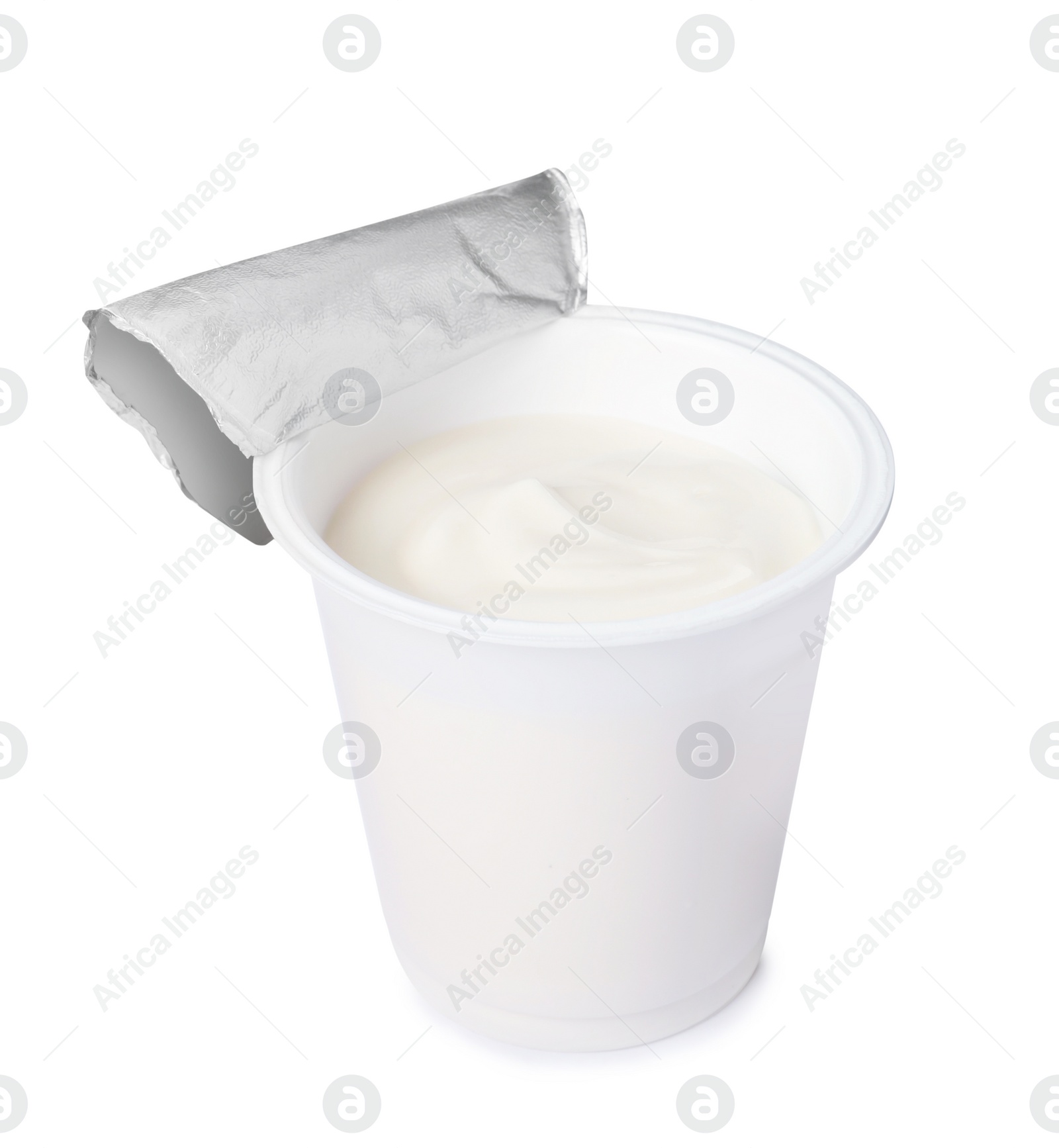 Photo of Plastic cup with delicious organic yogurt isolated on white