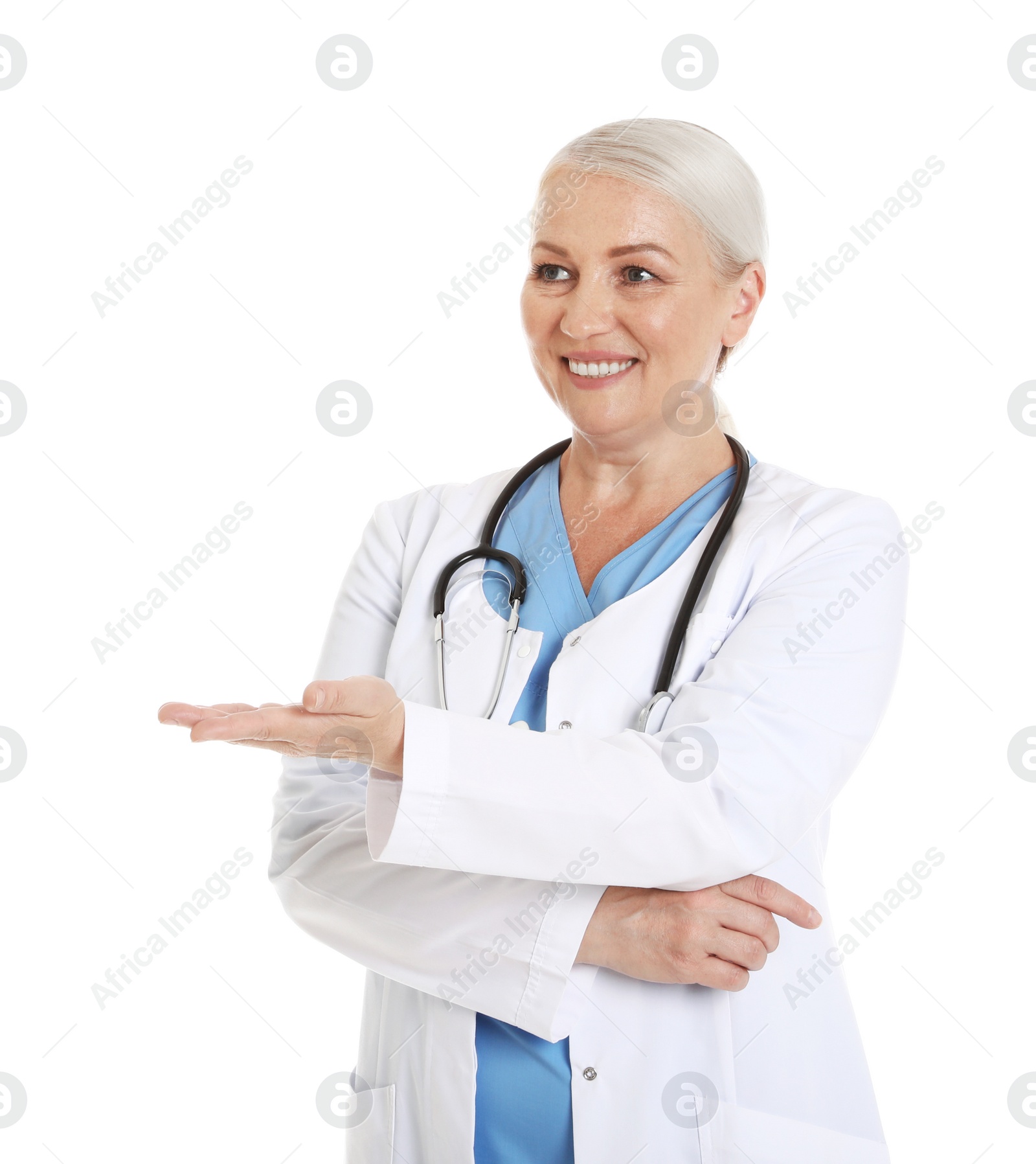 Photo of Portrait of female doctor isolated on white. Medical staff