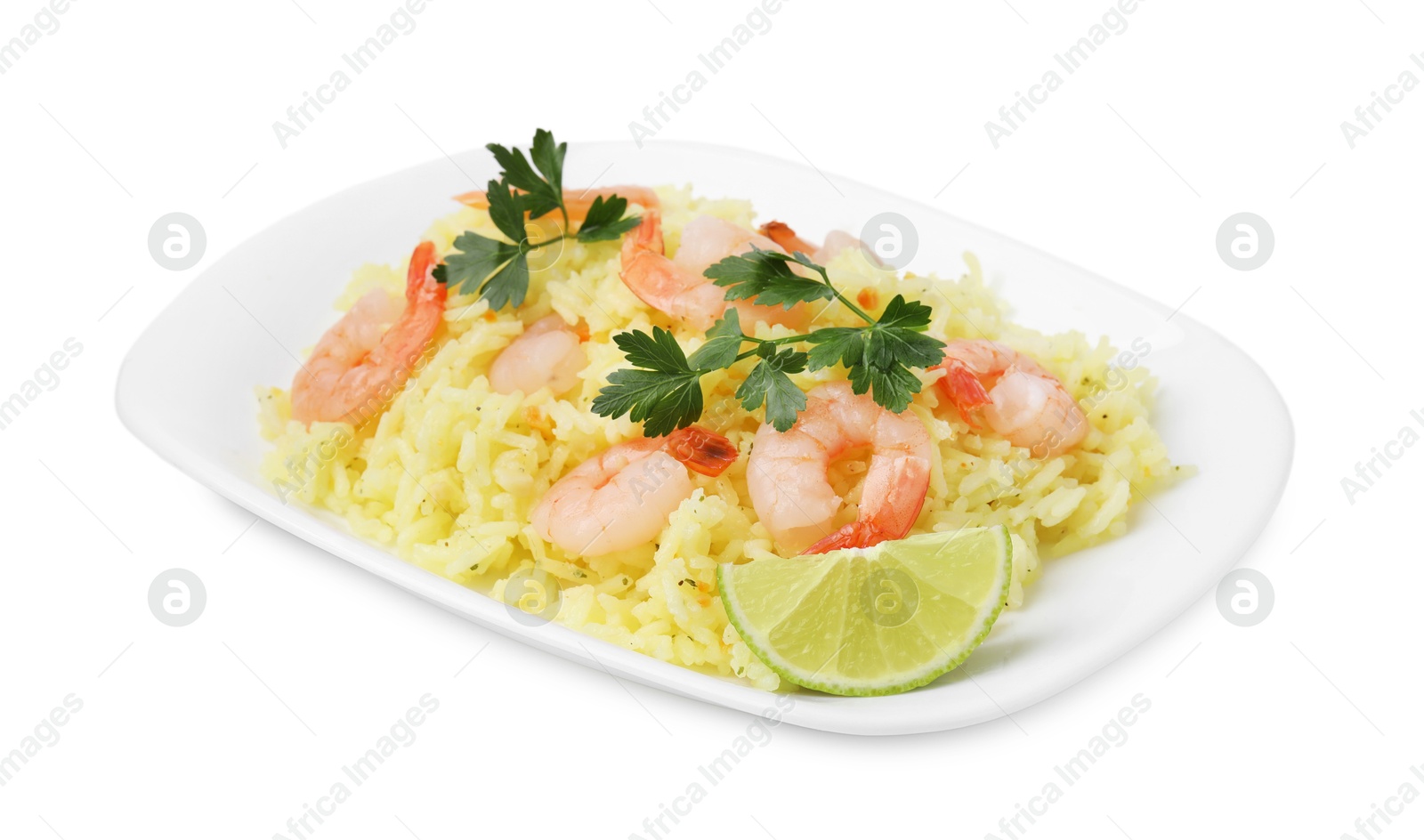 Photo of Delicious risotto with shrimps, lime and parsley isolated on white