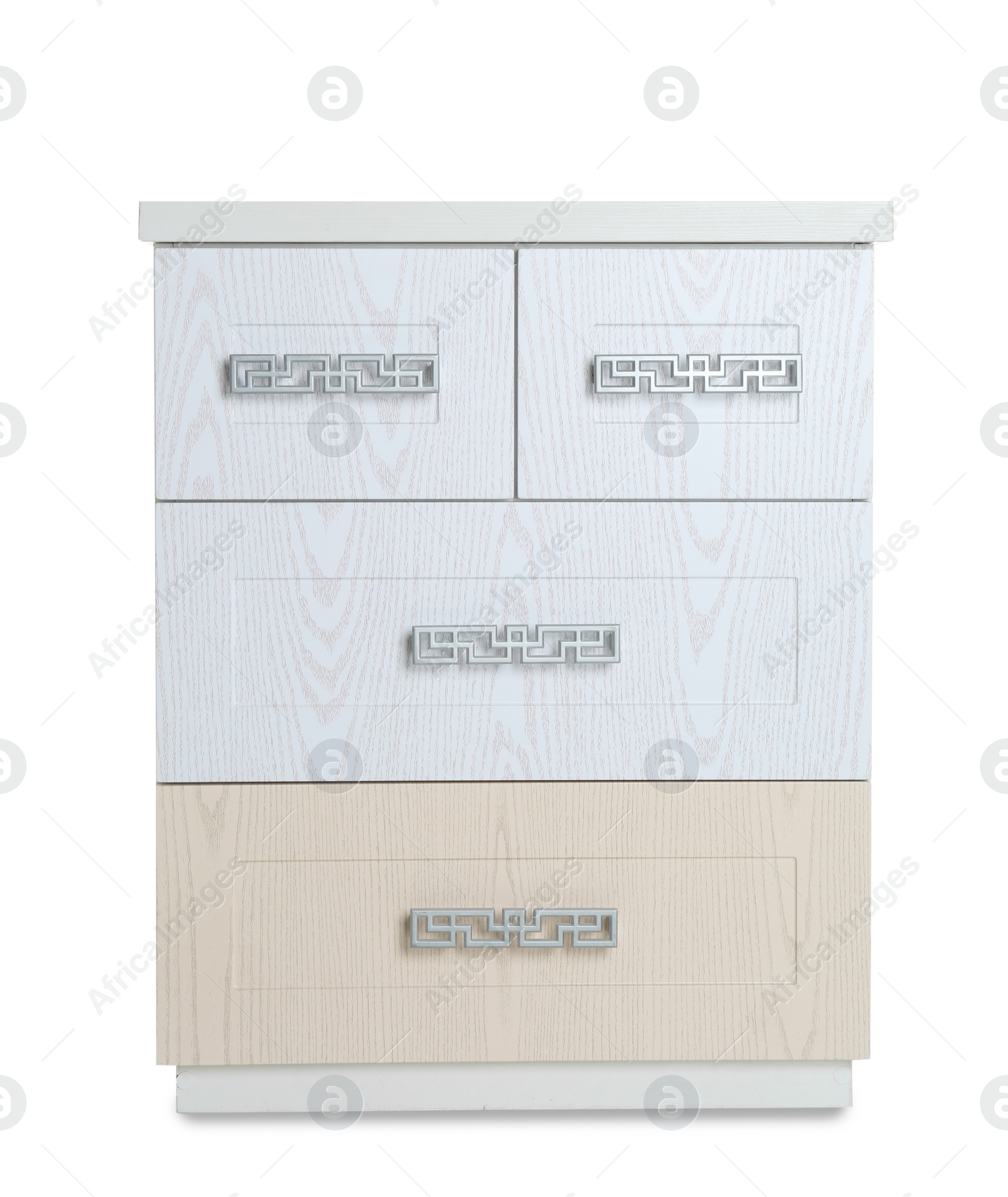 Photo of Stylish chest of drawers on white background. Furniture for wardrobe room