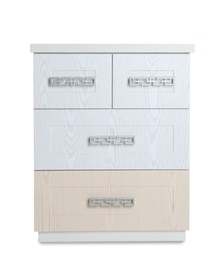 Stylish chest of drawers on white background. Furniture for wardrobe room