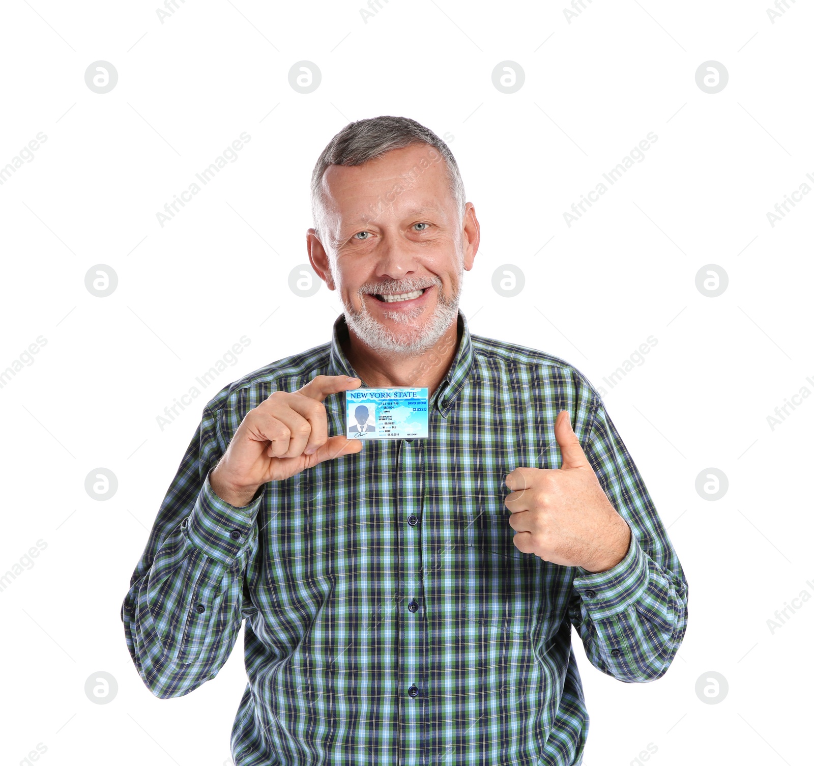 Photo of Happy mature man with driving license on white background