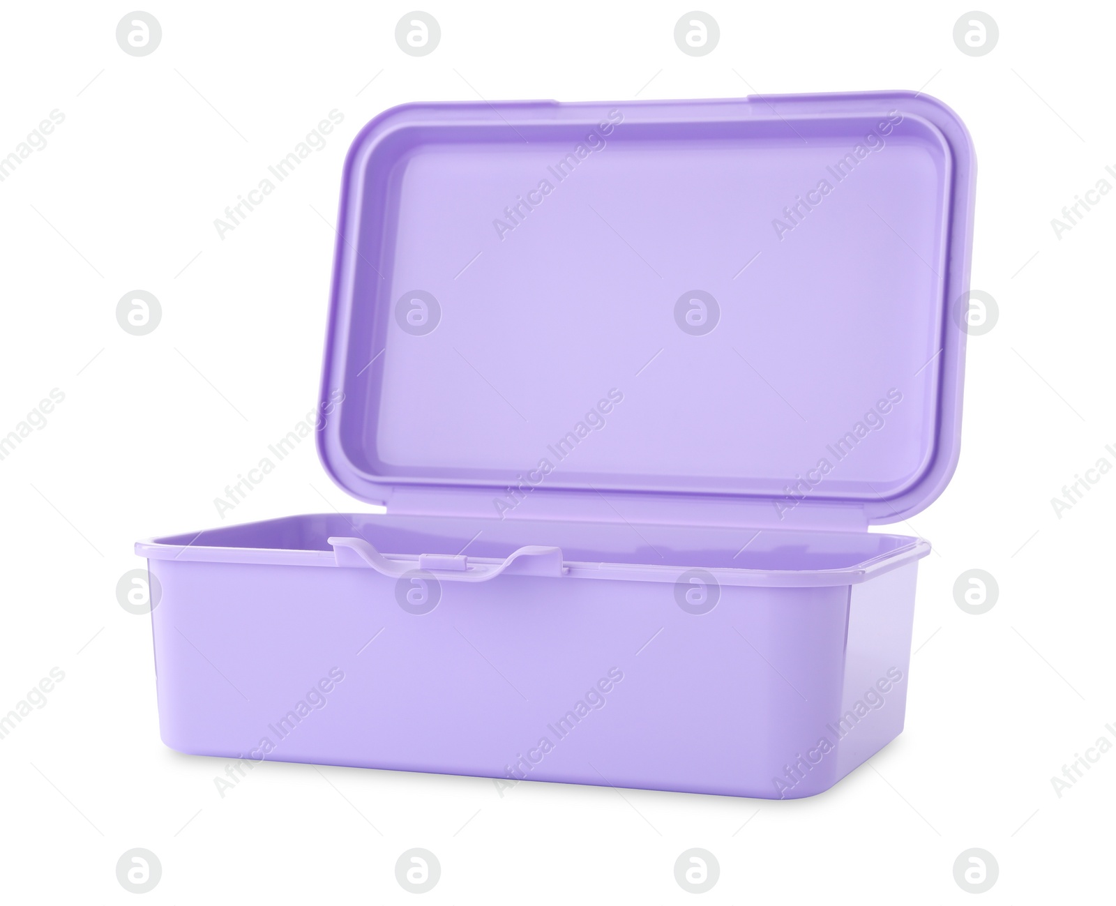 Photo of Violet lunch box isolated on white. School food