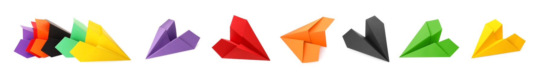 Image of Set with handmade different color paper planes on white background. Banner design